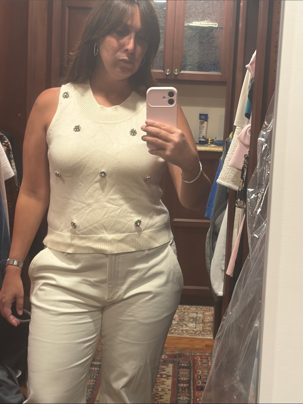 Central Park West Embellished Cream Knit Top